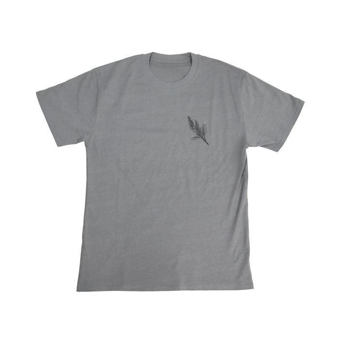 Flat lay front view of Sage Medicine Tee in grey with Indigenous cultural design