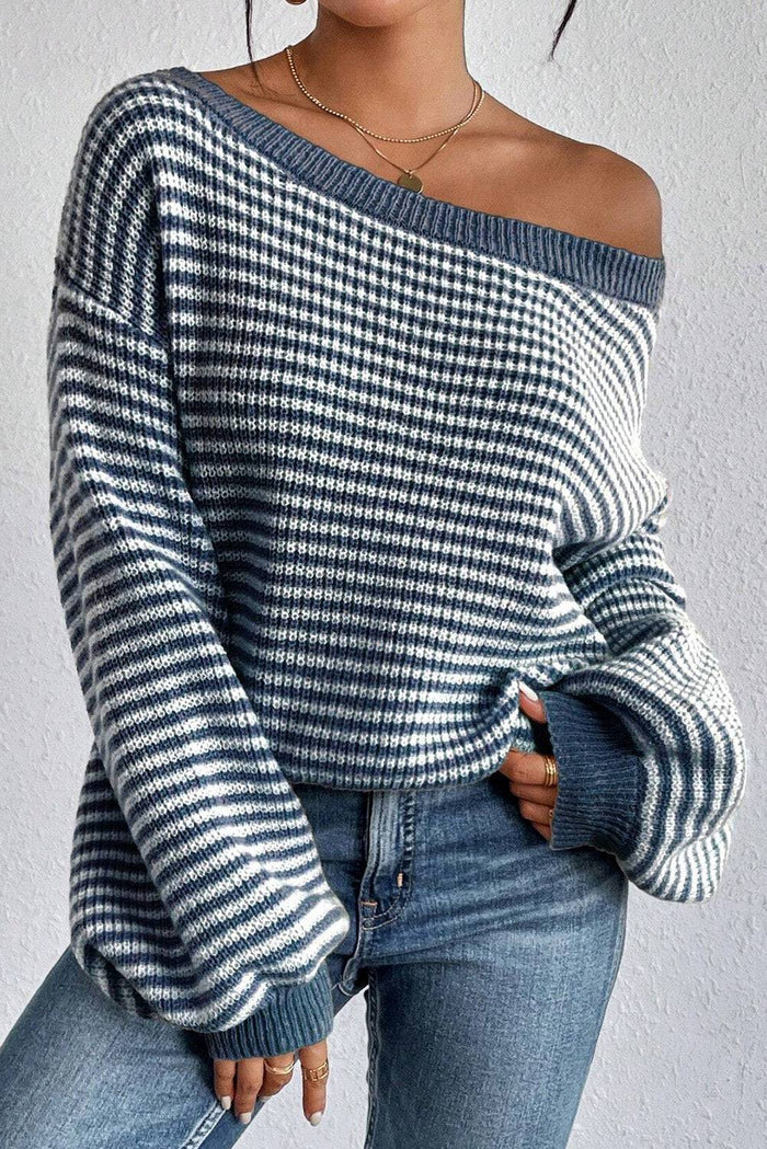 Sail Blue Striped Lantern Sleeve Drop Shoulder Cozy Sweater - SAIL BLUE / S / 65% ACRYLIC + 35% POLYAMIDE - Sweaters &