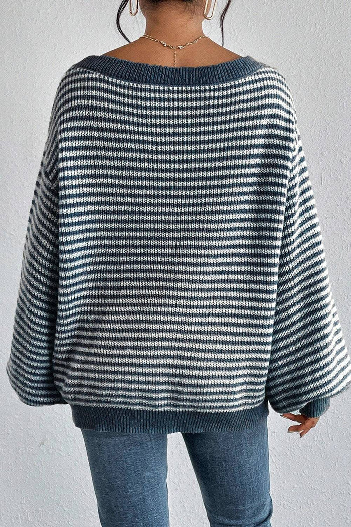 Sail Blue Striped Lantern Sleeve Drop Shoulder Cozy Sweater - Sweaters & Cardigans/Sweaters