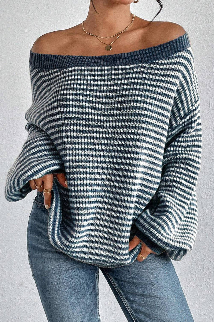 Sail Blue Striped Lantern Sleeve Drop Shoulder Cozy Sweater - Sweaters & Cardigans/Sweaters