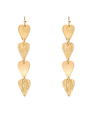 Gold scratched heart drop earrings with layered heart design and fish hook closure from The Pink Doxie Boutique.