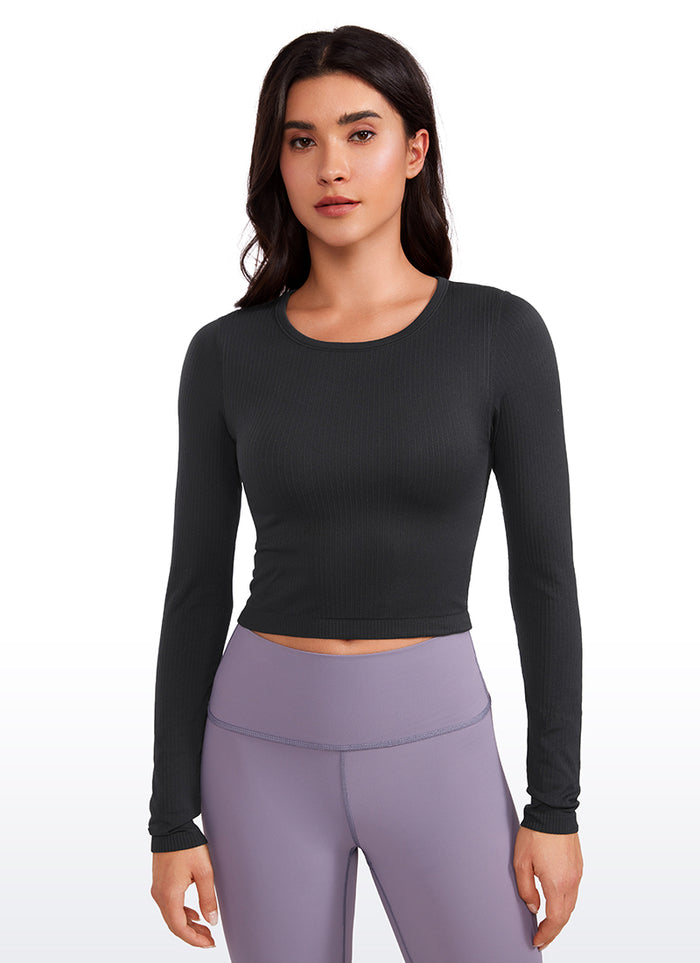 CRZ YOGA Women's Ribbed Seamless Workout Cropped Long Sleeves Crewneck Black