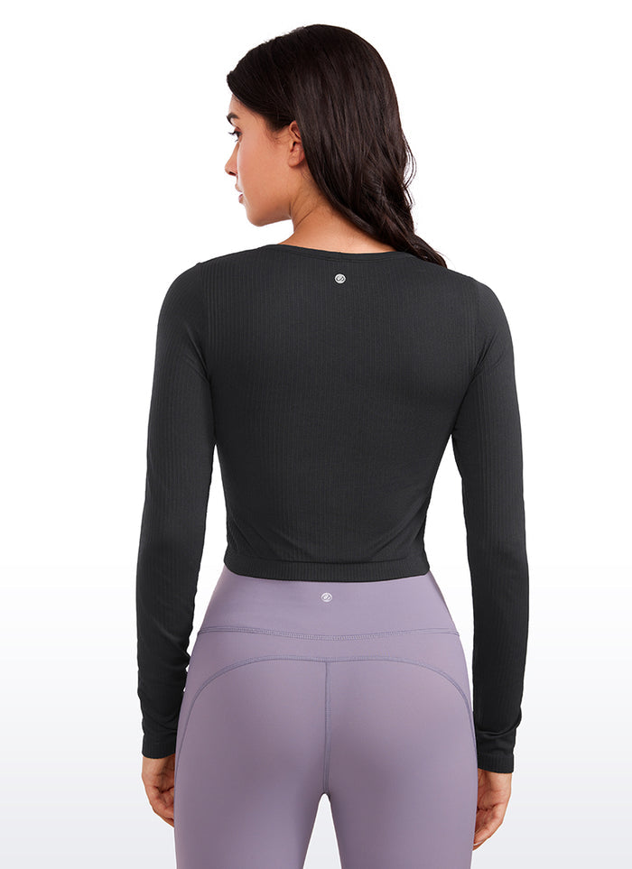 CRZ YOGA Women's Ribbed Seamless Workout Cropped Long Sleeves Crewneck Black