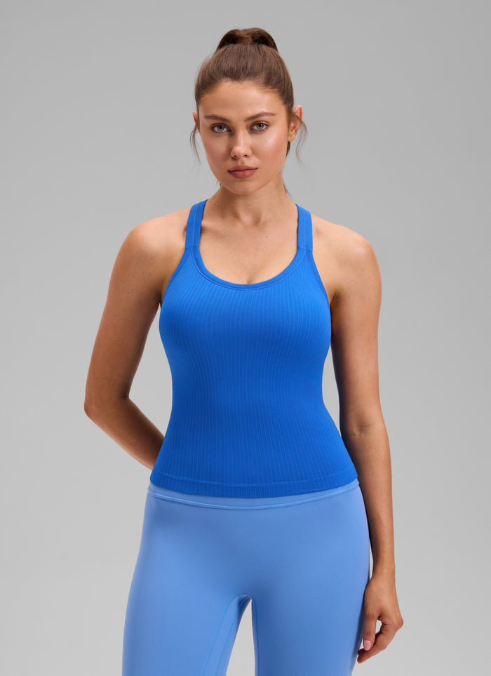 CRZ YOGA Women's Yoga Slim Fit Seamless Tank Crew Neck Waist Length Sparkle Blue