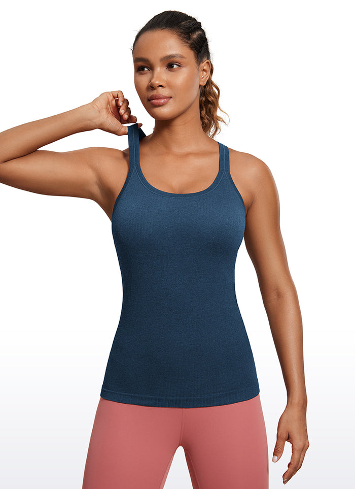 CRZ YOGA Women's Yoga Slim Fit Tops Seamless Longline Tank Crew Neck French Navy