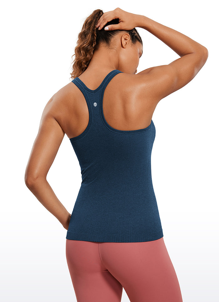 CRZ YOGA Women's Yoga Slim Fit Tops Seamless Longline Tank Crew Neck French Navy