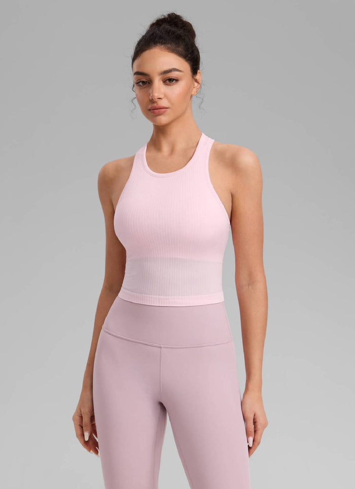 CRZ YOGA Women's Yoga Slim Fit Tops Seamless Longline Tank High Neck Strawberry Pink