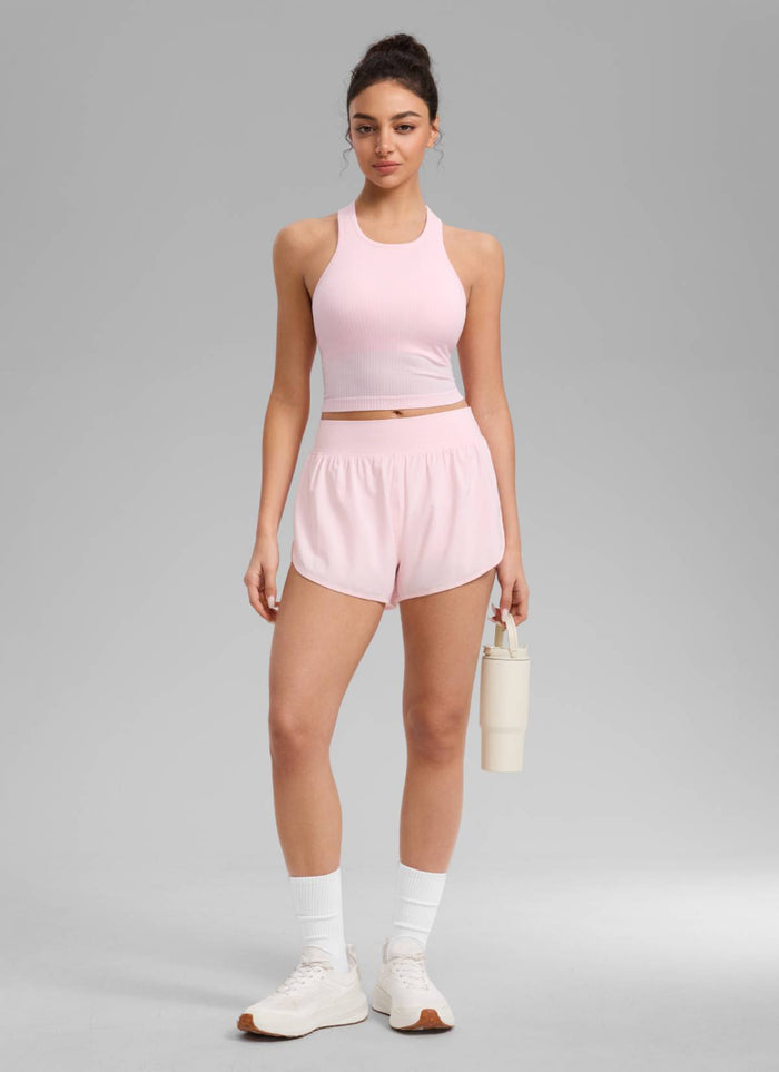 CRZ YOGA Women's Yoga Slim Fit Tops Seamless Longline Tank High Neck Strawberry Pink