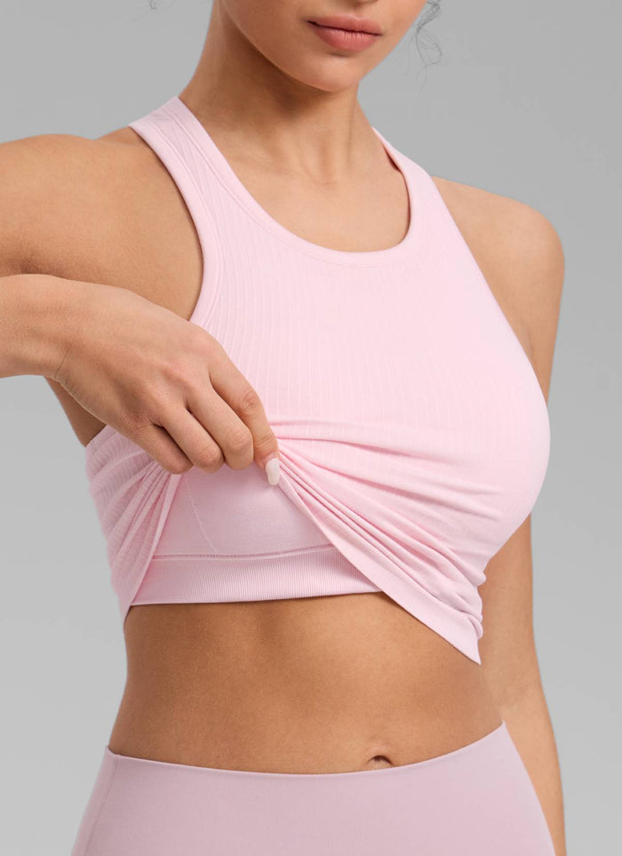 CRZ YOGA Women's Yoga Slim Fit Tops Seamless Longline Tank High Neck Strawberry Pink