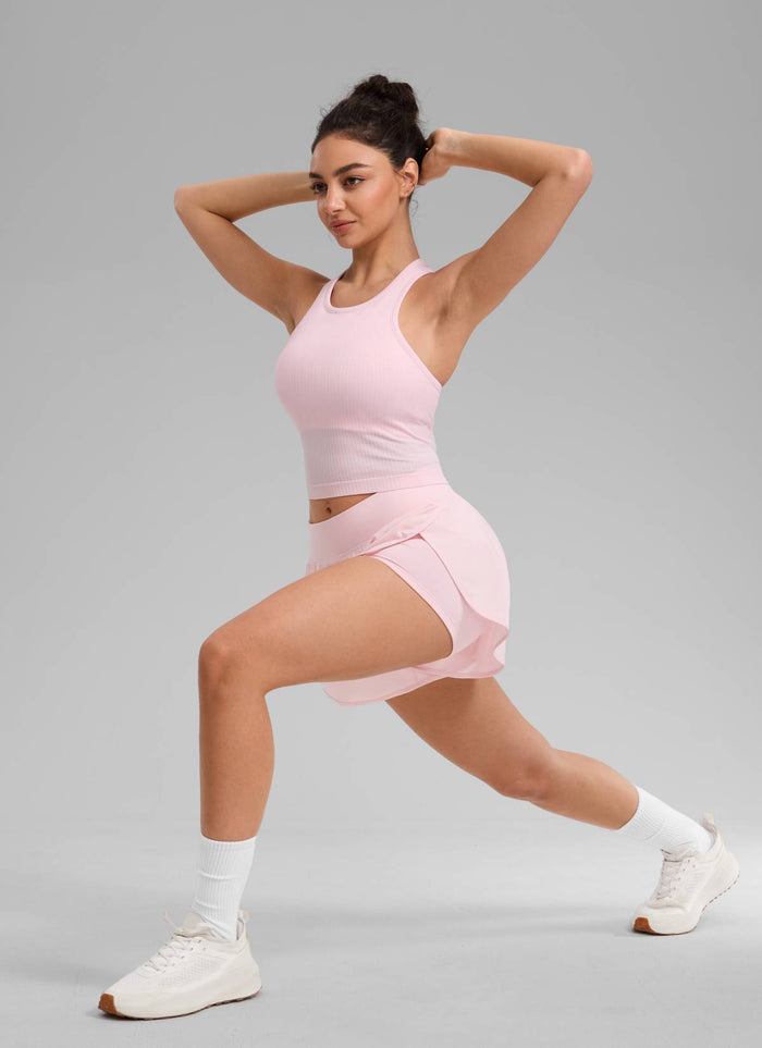 CRZ YOGA Women's Yoga Slim Fit Tops Seamless Longline Tank High Neck Strawberry Pink