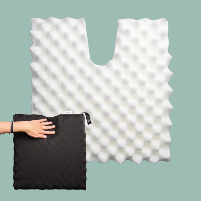 Sero Pressure Cushion Coccyx Cut Out - For tailbone pain and coccydynia. Discreet stretch cover available in different sizes and thicknesses. Handmade in the UK. 2 year guarantee.