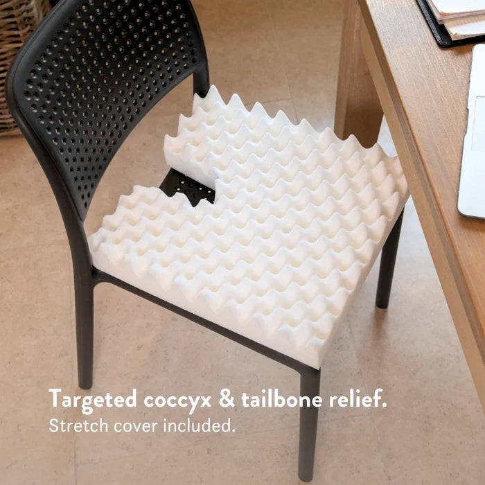 Sero Pressure Cushion Coccyx Cut Out - For tailbone pain and coccydynia. Discreet stretch cover available in different sizes and thicknesses. Handmade in the UK. 2 year guarantee.
