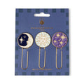 Set of 3 celestial coin paperclips with gold metal clips: moon, sun, stars