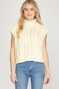She + Sky Drop Shoulder Mock Neck Cable Sweater In Cream