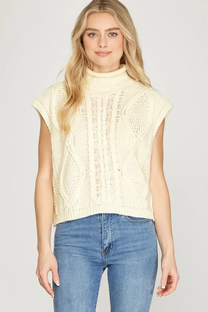 She + Sky Drop Shoulder Mock Neck Cable Sweater In Cream