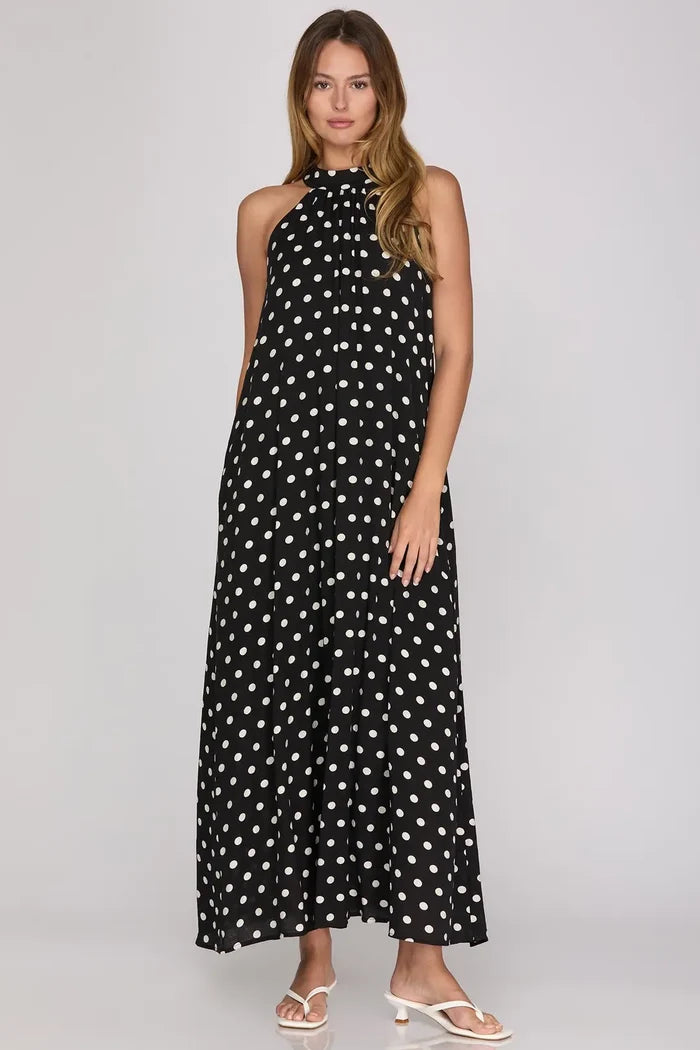 She + Sky Polka Dot Halter Maxi Dress In Black *FINAL SALE*