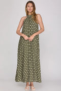 She + Sky Polka Dot Halter Maxi Dress In Olive *FINAL SALE*