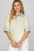 She + Sky Short Sleeve Oversized Top With Stripe Accents In Cream *FINAL SALE*