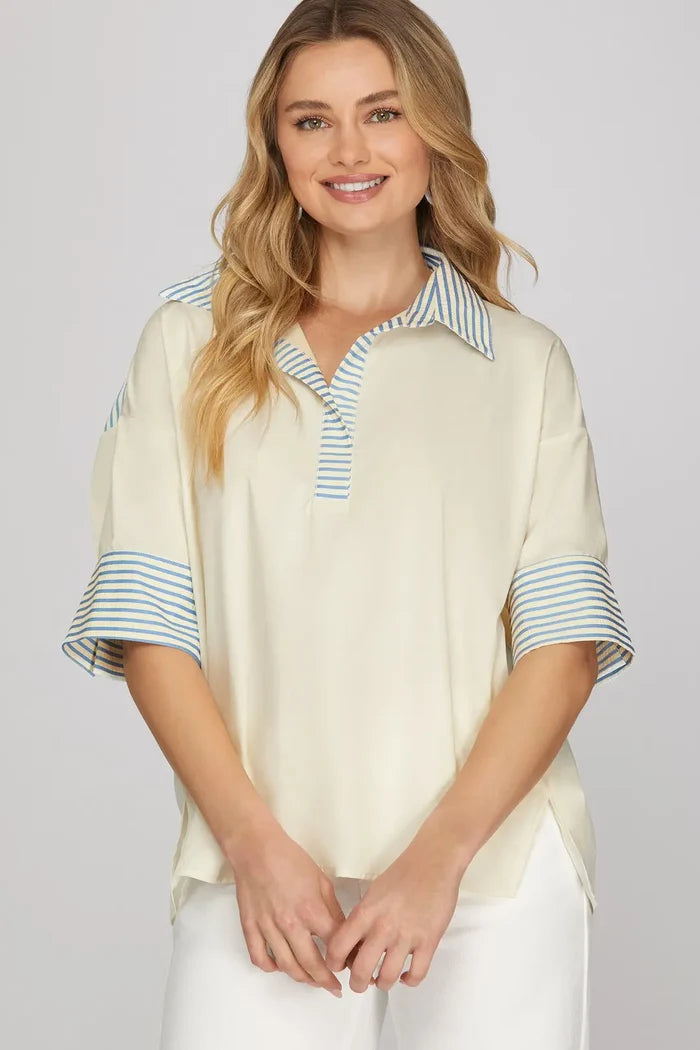 She + Sky Short Sleeve Oversized Top With Stripe Accents In Cream *FINAL SALE*