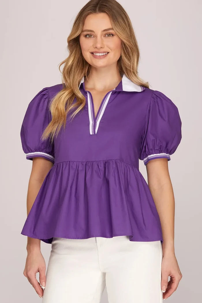 She + Sky Short Sleeve Rib Band Collar Top In Purple *FINAL SALE*