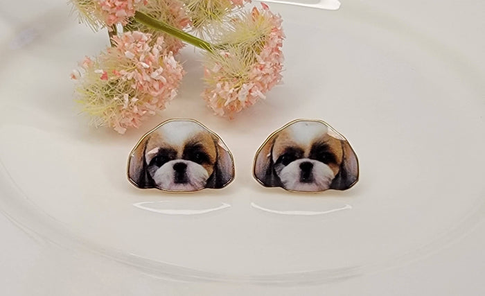 Shih Tzu dog face post earrings with gold trim displayed on a neutral background from The Pink Doxie Boutique.