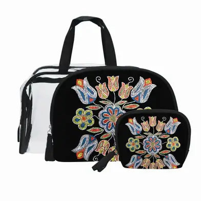 Silver Threads Cosmetic Bag Set featuring black and transparent designs with colorful floral embroidery.