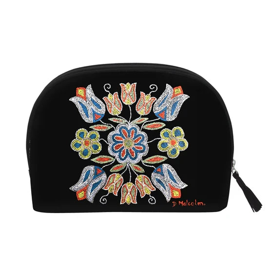 Black pouch with colorful floral design on a white background