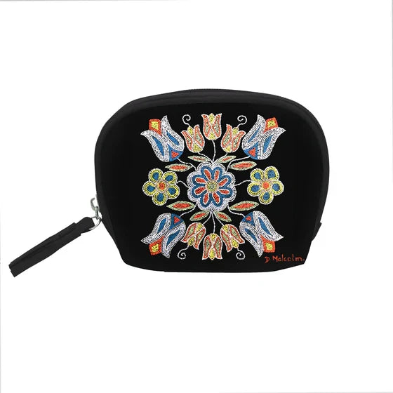 Black pouch with colorful floral design on a white background