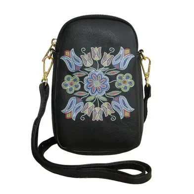 Silver Threads Phone Bag with intricate Métis art design and adjustable strap.