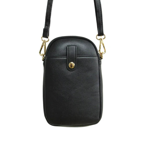 Black leather crossbody bag with gold accents on a white background