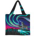 Tote bag with two wolves howling at the Northern Lights design