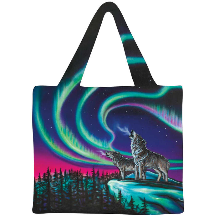 Tote bag with two wolves howling at the Northern Lights design