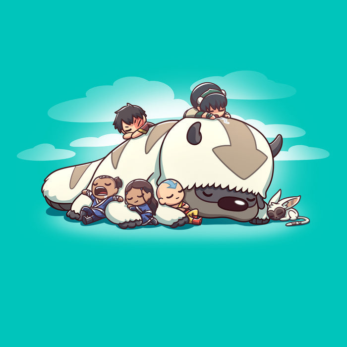Premium Cotton T-shirt_TeeTurtle Caribbean blue Sleepy Gaang apparel featuring Aang, Katara, Sokka, Toph, Zuko and Momo from Avatar: The Last Airbender, all asleep and cuddling wtih Appa the Air Bison, who is also asleep, with a background of clouds.