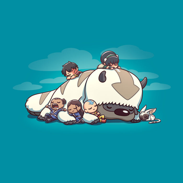 Classic Cotton T-shirt_TeeTurtle tropical blue Sleepy Gaang apparel featuring Aang, Katara, Sokka, Toph, Zuko and Momo from Avatar: The Last Airbender, all asleep and cuddling wtih Appa the Air Bison, who is also asleep, with a background of clouds.
