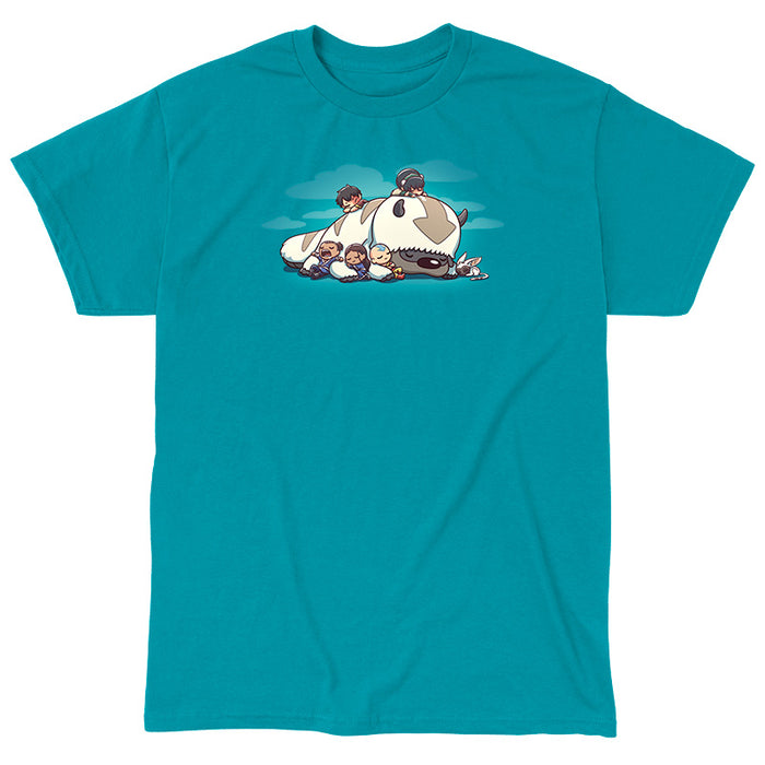 Classic Cotton T-shirt_TeeTurtle tropical blue Sleepy Gaang apparel featuring Aang, Katara, Sokka, Toph, Zuko and Momo from Avatar: The Last Airbender, all asleep and cuddling wtih Appa the Air Bison, who is also asleep, with a background of clouds.