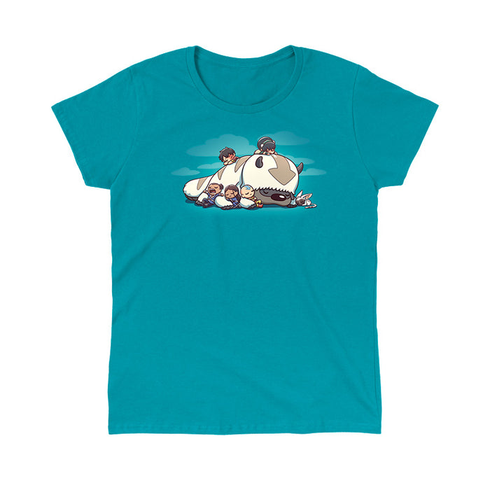Classic Cotton T-shirt_TeeTurtle tropical blue Sleepy Gaang apparel featuring Aang, Katara, Sokka, Toph, Zuko and Momo from Avatar: The Last Airbender, all asleep and cuddling wtih Appa the Air Bison, who is also asleep, with a background of clouds.