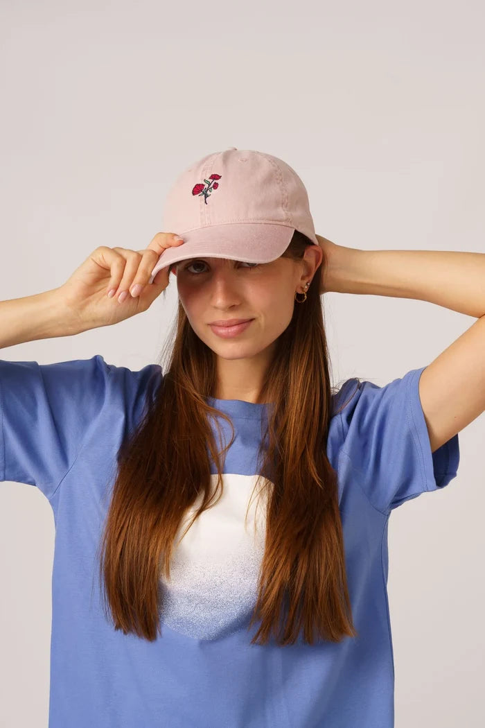 Organic cotton embroidered hat by Contrast, Small Rose Washed Rose edition timeless and minimal