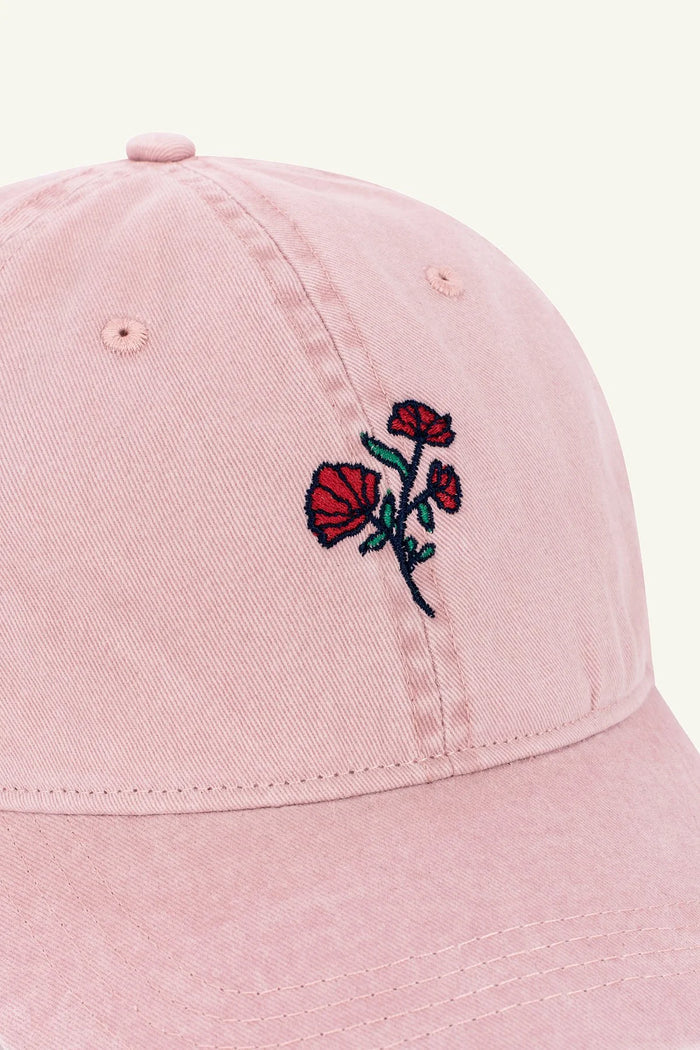 Sustainable embroidered hat, Contrast Small Rose design in organic cotton Washed Rose cap