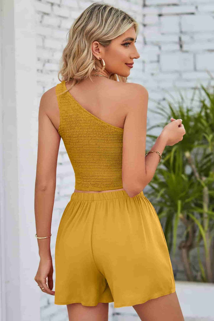 Smocked One-Shoulder Sleeveless Top and Shorts Set - Madikfashions.com
