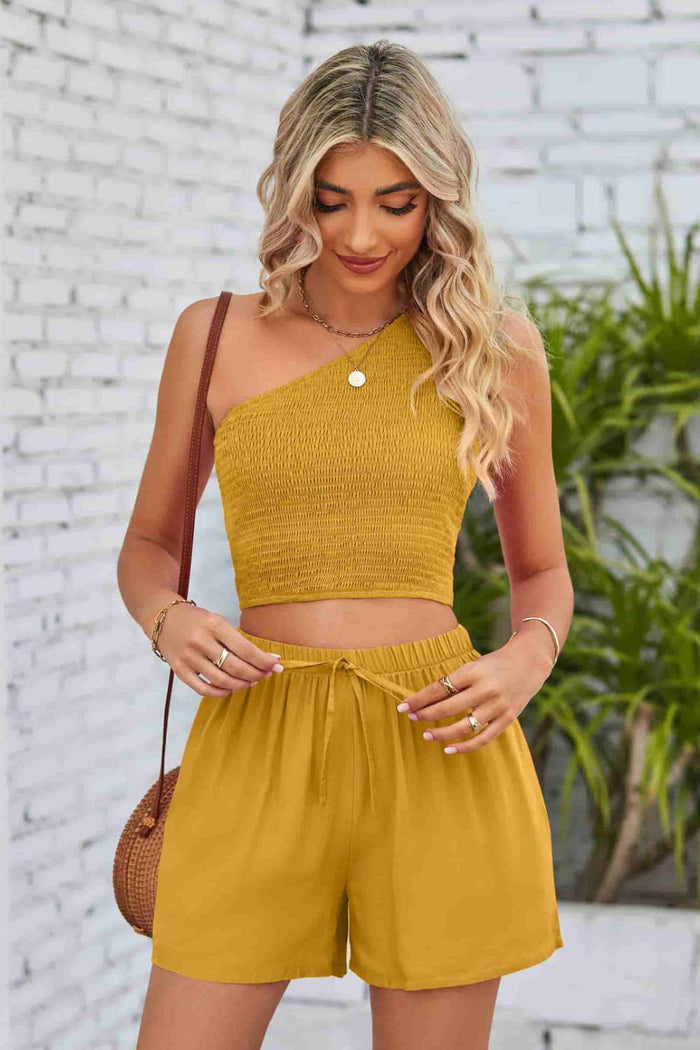 Smocked One-Shoulder Sleeveless Top and Shorts Set - Madikfashions.com