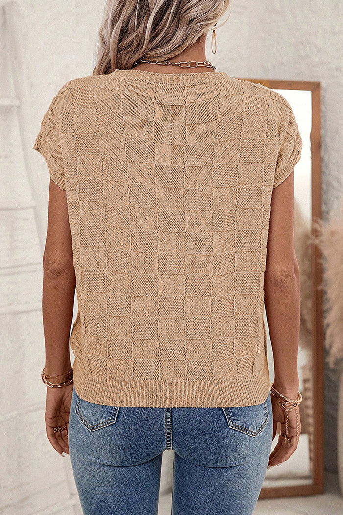 Smoke Grey Lattice Textured Knit Short Sleeve Sweater - Sweaters & Cardigans/Short