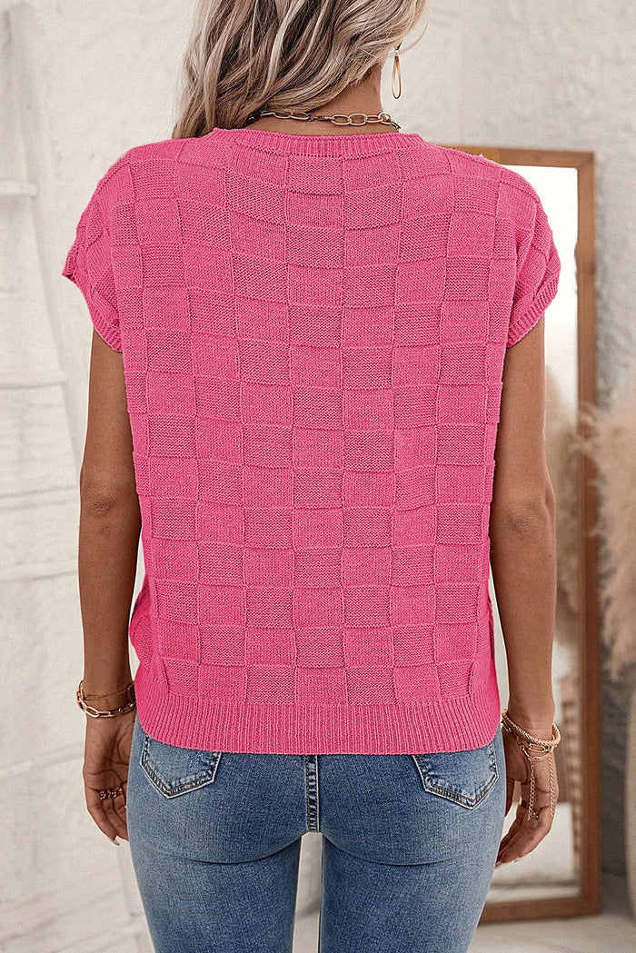 Smoke Grey Lattice Textured Knit Short Sleeve Sweater - Sweaters & Cardigans/Short