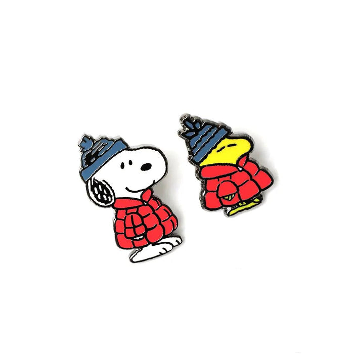 Snoopy and Woodstock red puffer enamel pin set with raised cartoon figures
