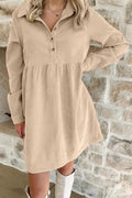 Soft Corduroy Half Button Collared Long Sleeve Mini Dress - Beige / S - Dresses/Mini Dresses