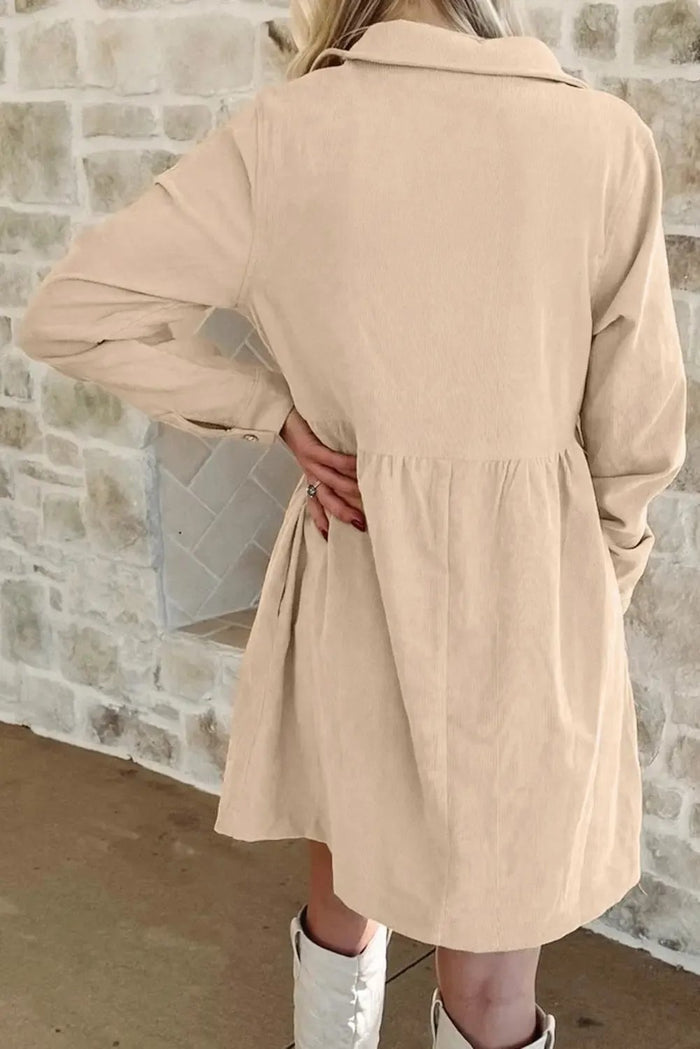 Soft Corduroy Half Button Collared Long Sleeve Mini Dress - Dresses/Mini Dresses