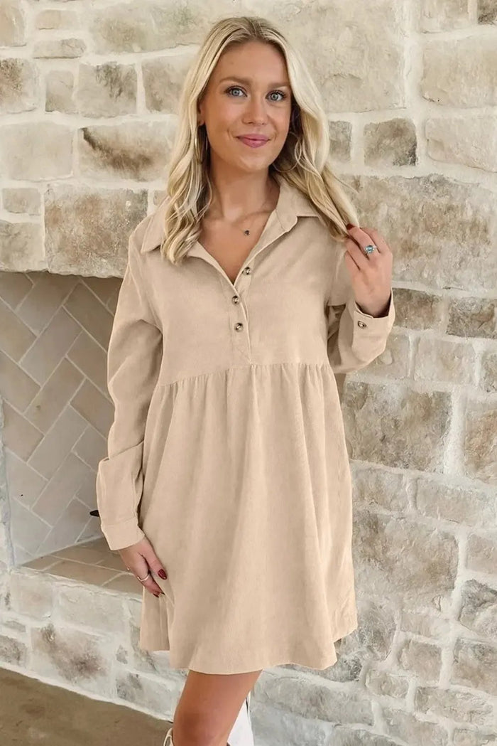 Soft Corduroy Half Button Collared Long Sleeve Mini Dress - Dresses/Mini Dresses