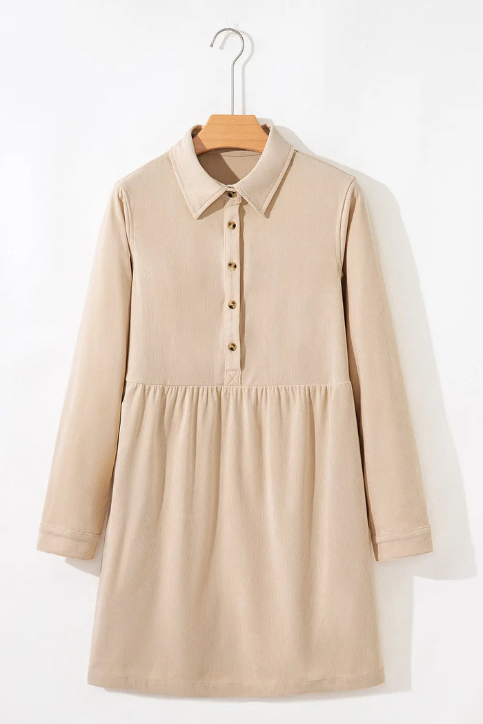 Soft Corduroy Half Button Collared Long Sleeve Mini Dress - Dresses/Mini Dresses