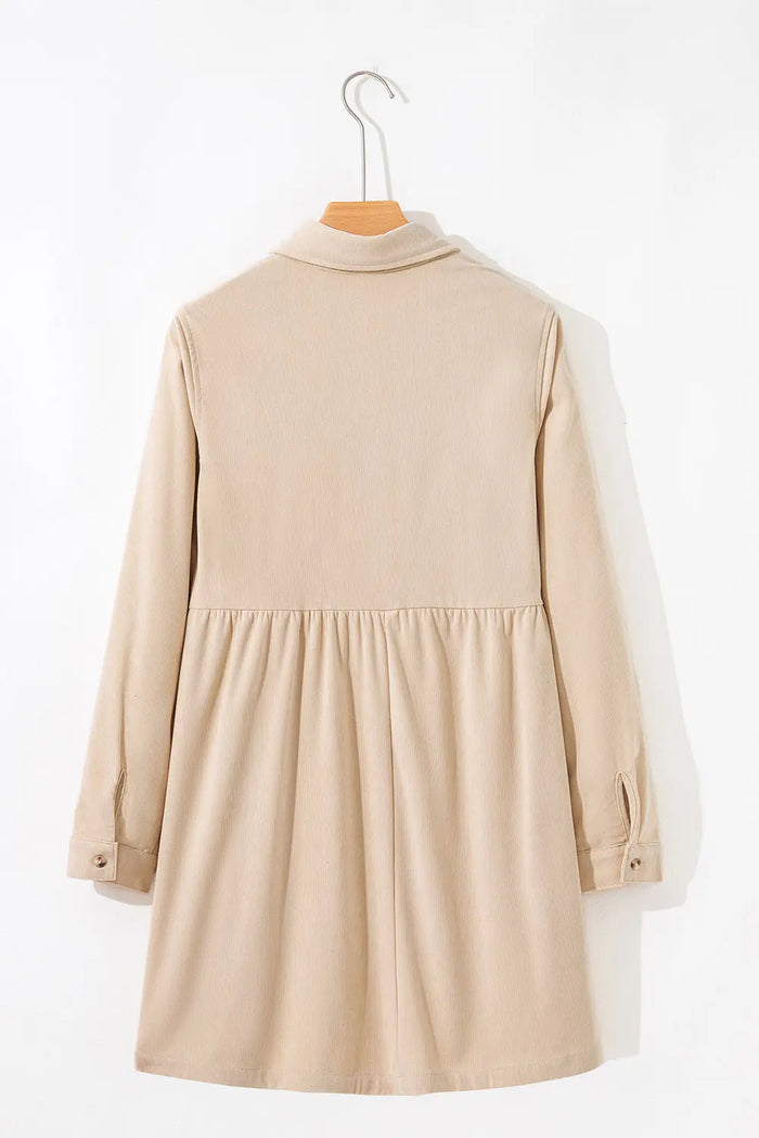 Soft Corduroy Half Button Collared Long Sleeve Mini Dress - Dresses/Mini Dresses