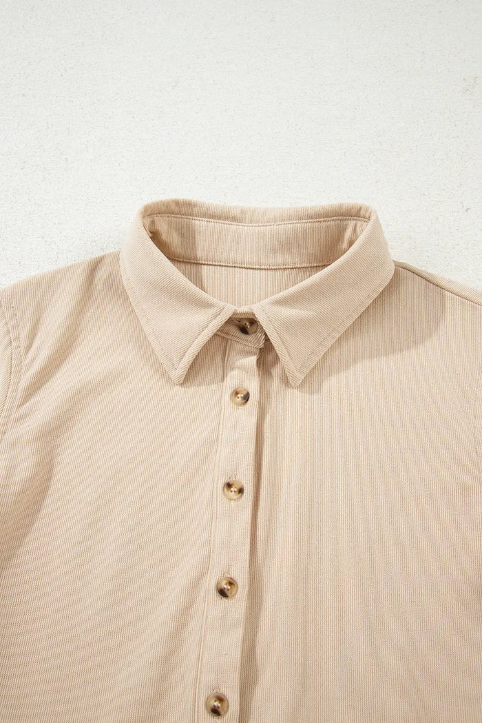 Soft Corduroy Half Button Collared Long Sleeve Mini Dress - Dresses/Mini Dresses