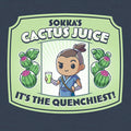 Classic Cotton T-shirt_TeeTurtle heather navy blue Sokka's Cactus Juice featuring a label with a drawing of two cactuses, Sokka from Avatar: The Last Airbender holding a glass full of green liquid, and text that says "Sokka's Cactus Juice" at the top and "It's the quenchiest!" at the bottom.